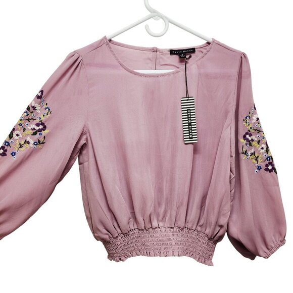 Womens Embroidered Sleeve Mauve Blouse With Smocked Hem By Haute Monde Size S - Picture 4 of 9